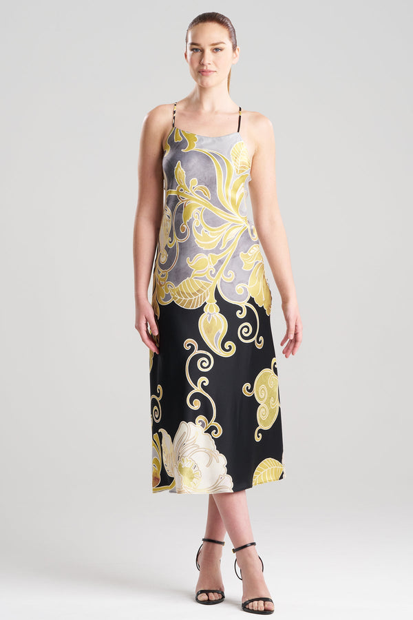 Natori Deco Printed Charmeuse Slip Dress Black/Gold