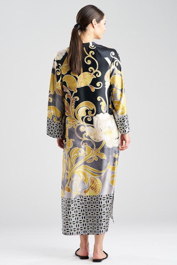 Natori Deco Printed Charmeuse Zip Caftan Black/Gold