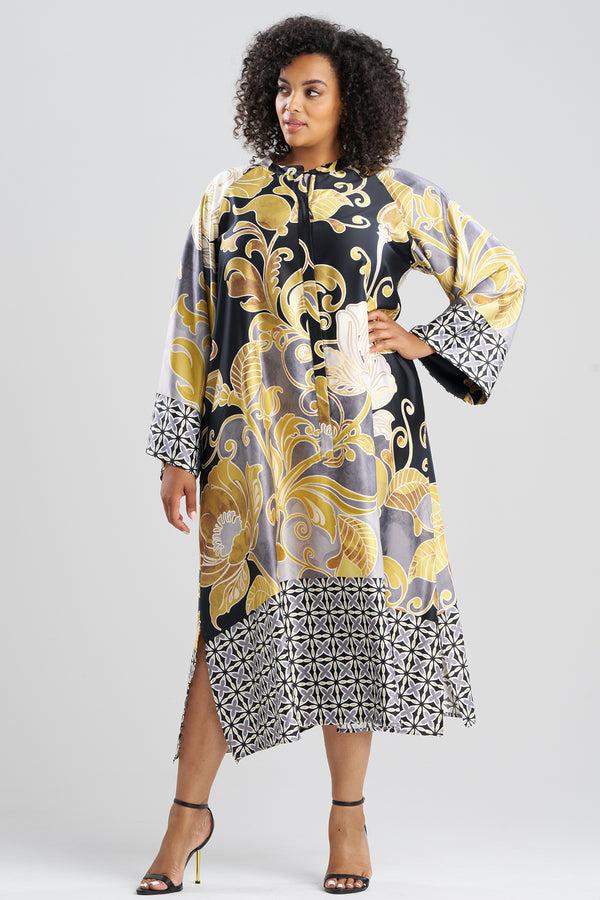 Natori Deco Printed Charmeuse Zip Caftan Black/Gold