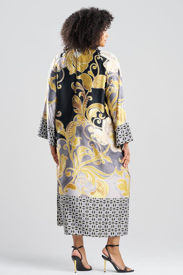 Natori Deco Printed Charmeuse Zip Caftan Black/Gold