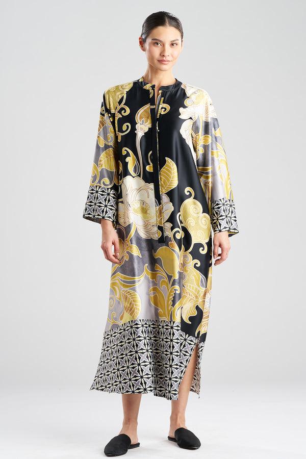natori Deco Printed Charmeuse Zip Caftan Black/Gold