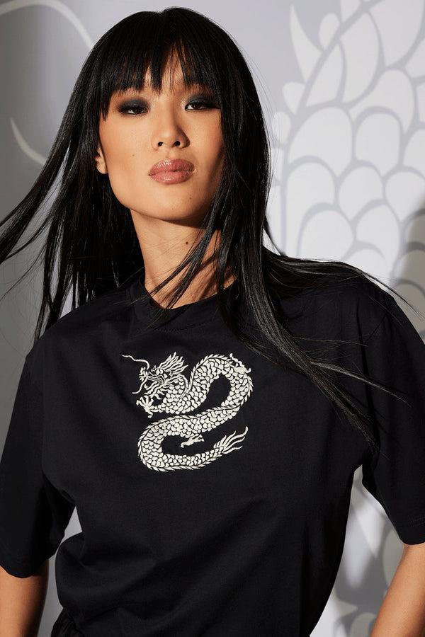 Natori Dragon Cotton Jersey Embroidered Unisex T-Shirt Black