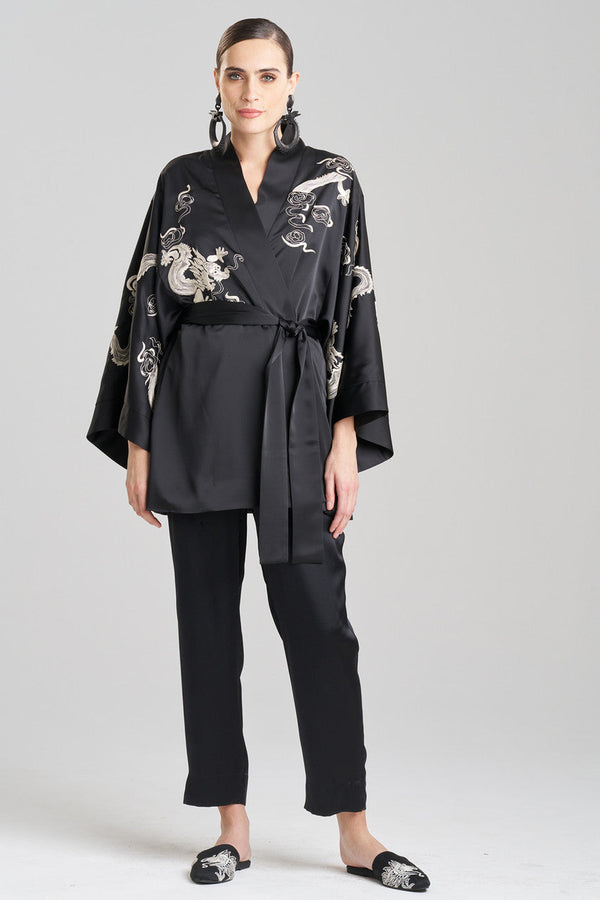 Natori Dragon Luxe Charmeuse Embroidered Unisex Kimono Black