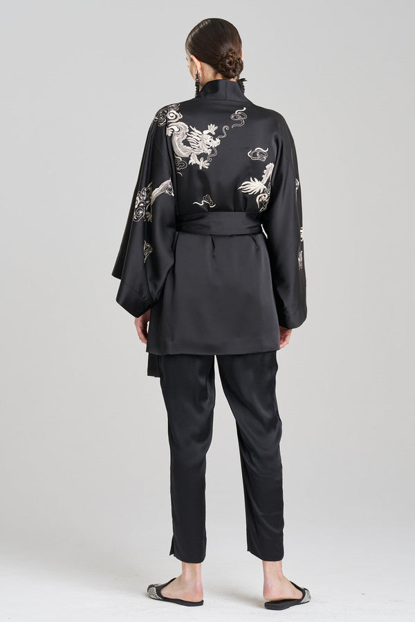 Natori Dragon Luxe Charmeuse Embroidered Unisex Kimono Black