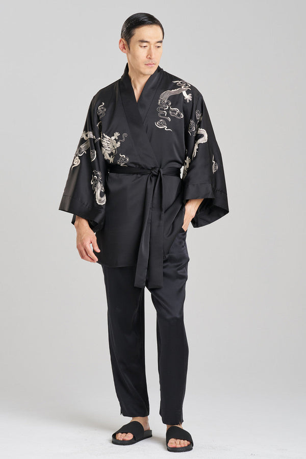 Natori Dragon Luxe Charmeuse Embroidered Unisex Kimono Black