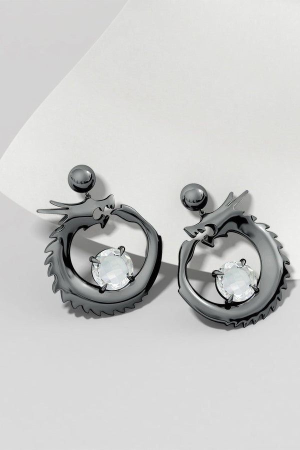natori Dragon Midnight Silver and White Topaz Dangler Earrings Midnight Silver
