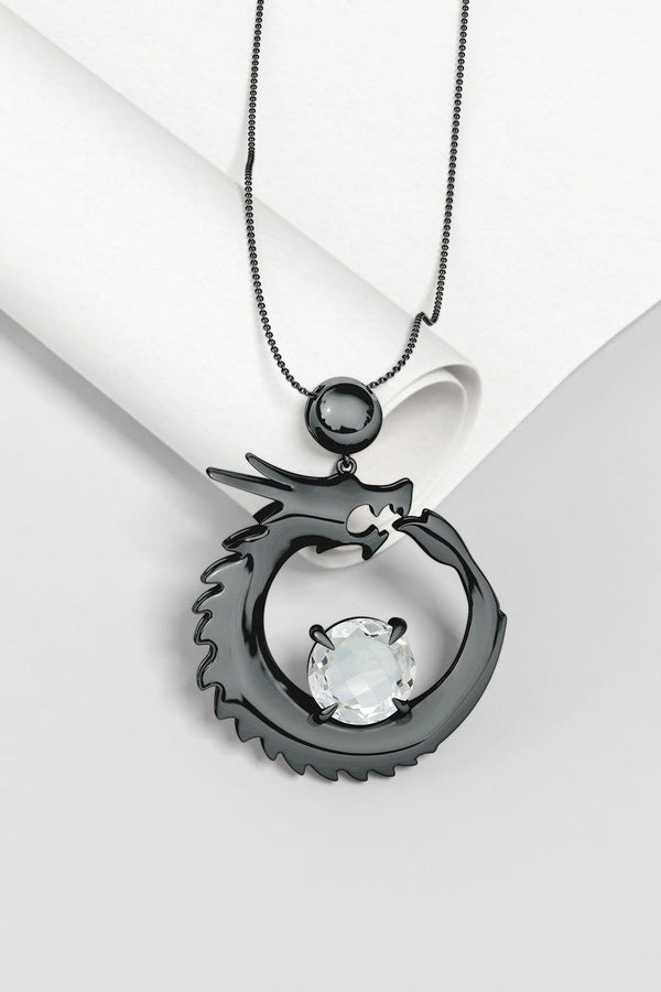 natori Dragon Midnight Silver & White Topaz Slider Pendant Necklace Midnight Silver