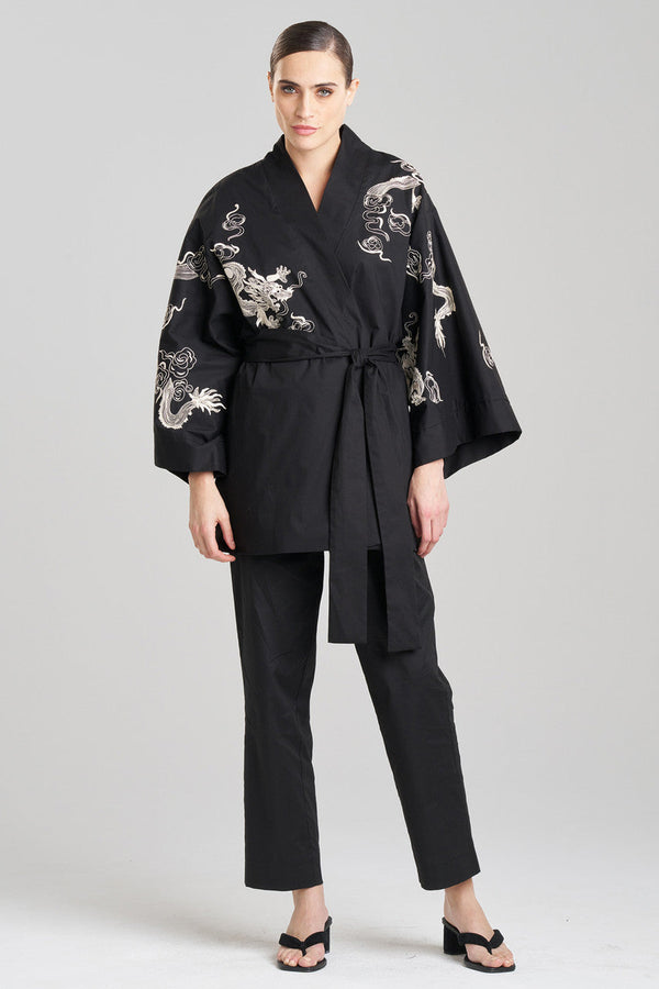 Natori Dragon Techno Poplin Embroidered Unisex Kimono Black
