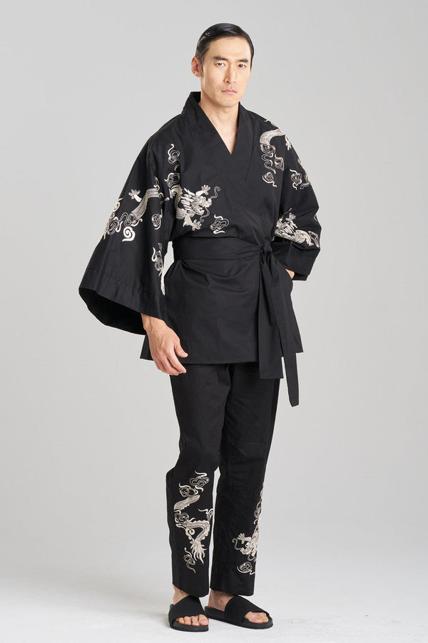 Natori Dragon Techno Poplin Embroidered Unisex Kimono Black