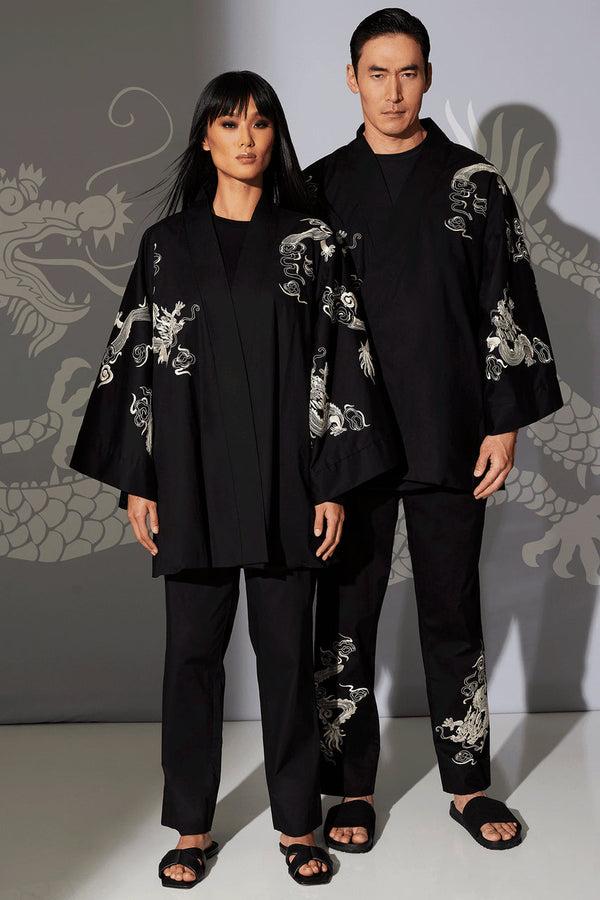 natori Dragon Techno Poplin Embroidered Unisex Kimono Black