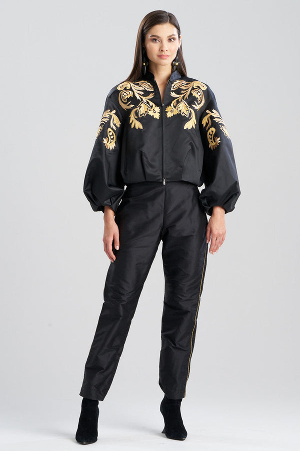 Natori Duchess Satin Embroidered Crop Bomber Jacket Black