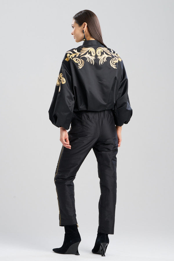 Natori Duchess Satin Embroidered Crop Bomber Jacket Black