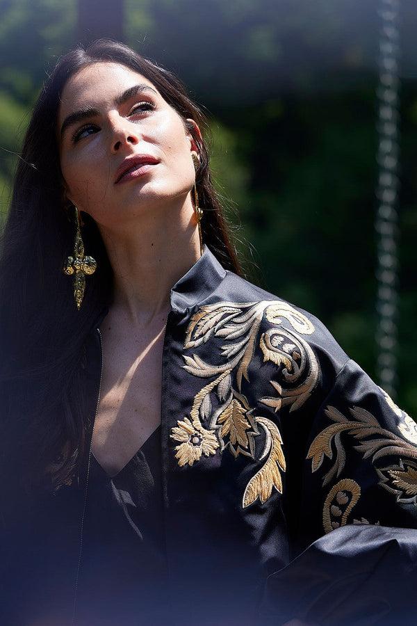 Natori Duchess Satin Embroidered Crop Bomber Jacket Black