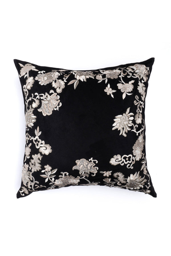 natori Faux Suede Mandarin Embroidered Trim Pillow Black