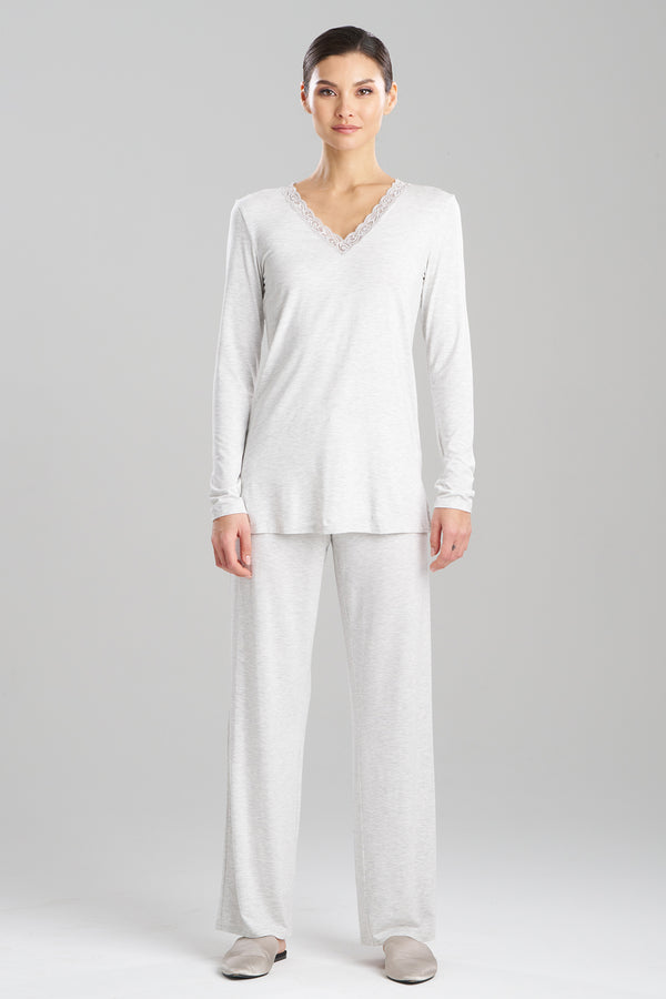 natori Feathers Essentials Lenzing™ Ecovero™ Viscose Long Sleeve Lace PJ Light Heather Grey