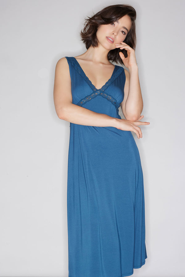 natori Feathers Essentials Lenzing™ Ecovero™ Viscose Lace Applique Slip Dress Midnight Teal