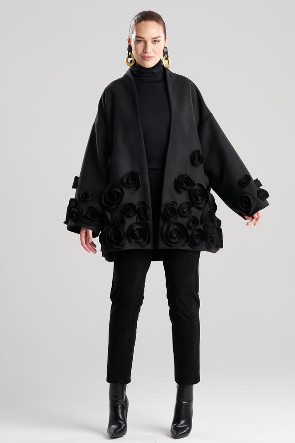 Natori Felt Short Trapeze 3D Floral Embroidered Coat Black