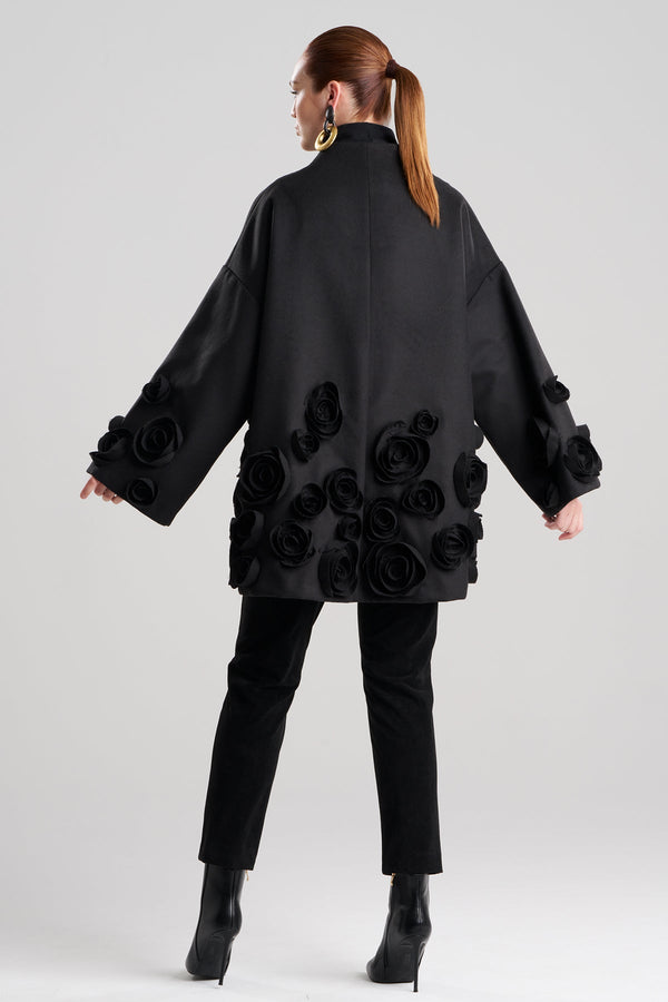 Natori Felt Short Trapeze 3D Floral Embroidered Coat Black