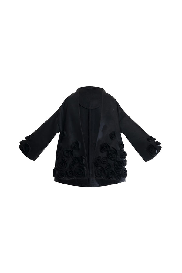 Natori Felt Short Trapeze 3D Floral Embroidered Coat Black