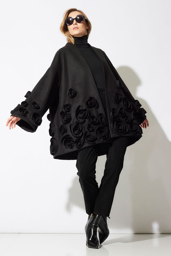 natori Felt Short Trapeze 3D Floral Embroidered Coat Black