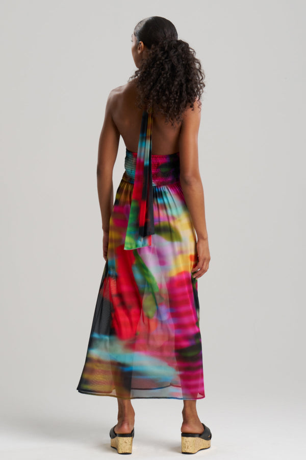 Natori Floral Mirage Printed Mesh Halter Dress Black Multi