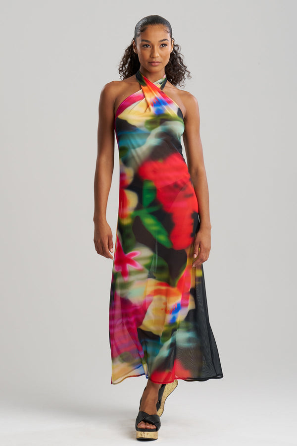 natori Floral Mirage Printed Mesh Halter Dress Black Multi