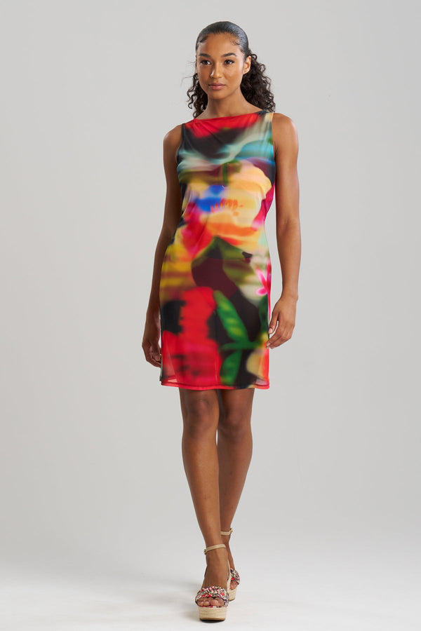 natori Floral Mirage Printed Mesh Mini Dress Black Multi