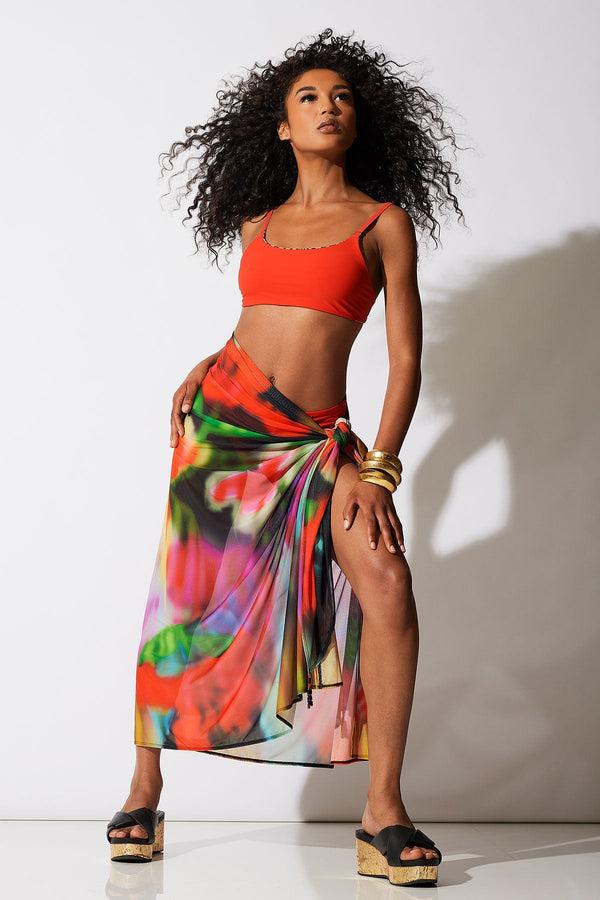 natori Floral Mirage Printed Mesh Pareo Black Multi