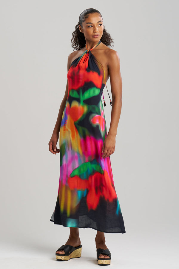 natori Floral Mirage Printed Rayon Halter Dress Black Multi