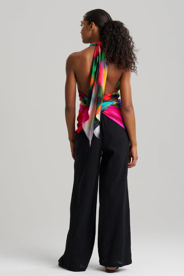 Natori Floral Mirage Printed Rayon Scarf Top Black Multi