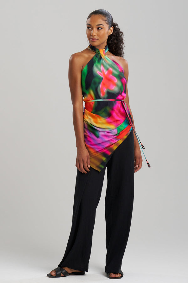 natori Floral Mirage Printed Rayon Scarf Top Black Multi