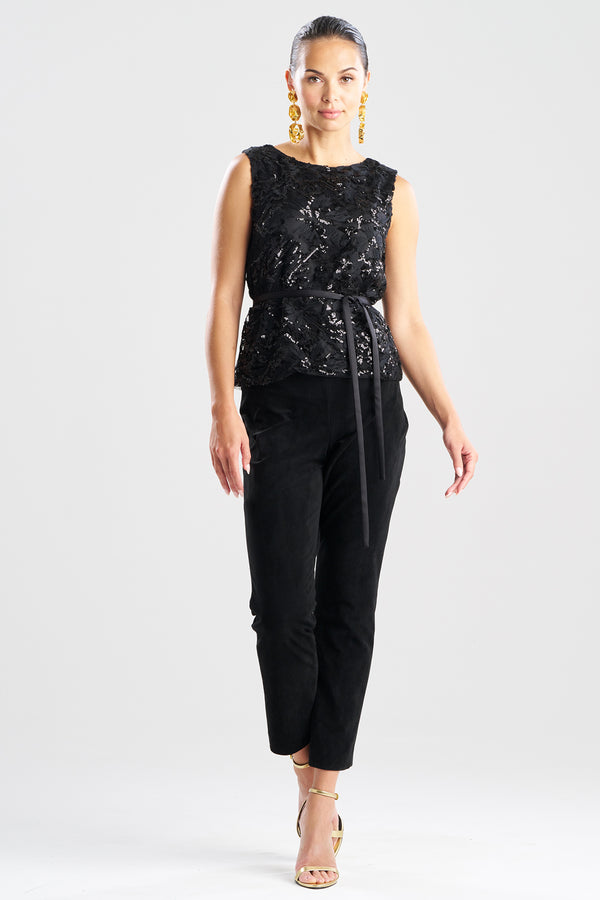 natori Floral Sequin Lace Belted Sleeveless Top Black