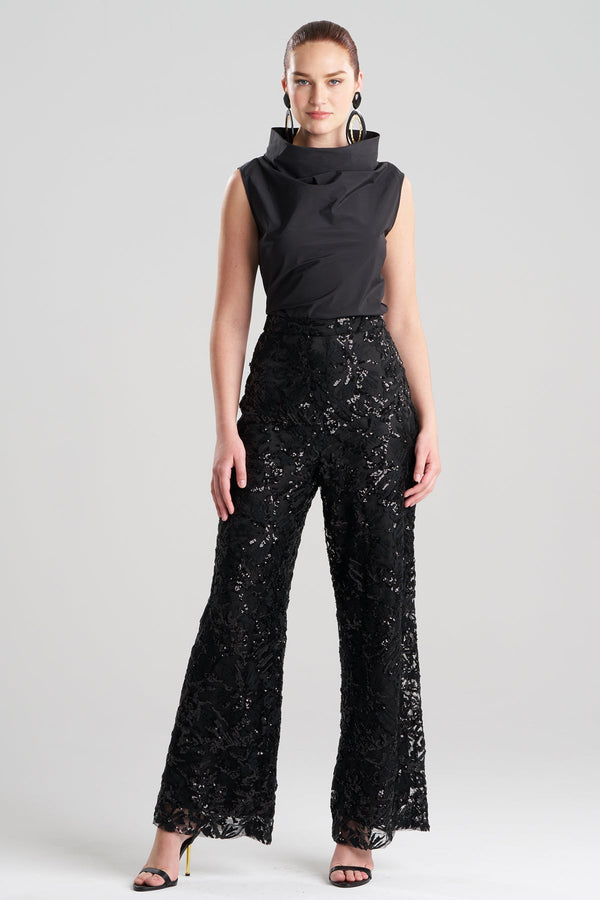 Natori Floral Sequin Lace Side Zip Straight Leg Pants Black