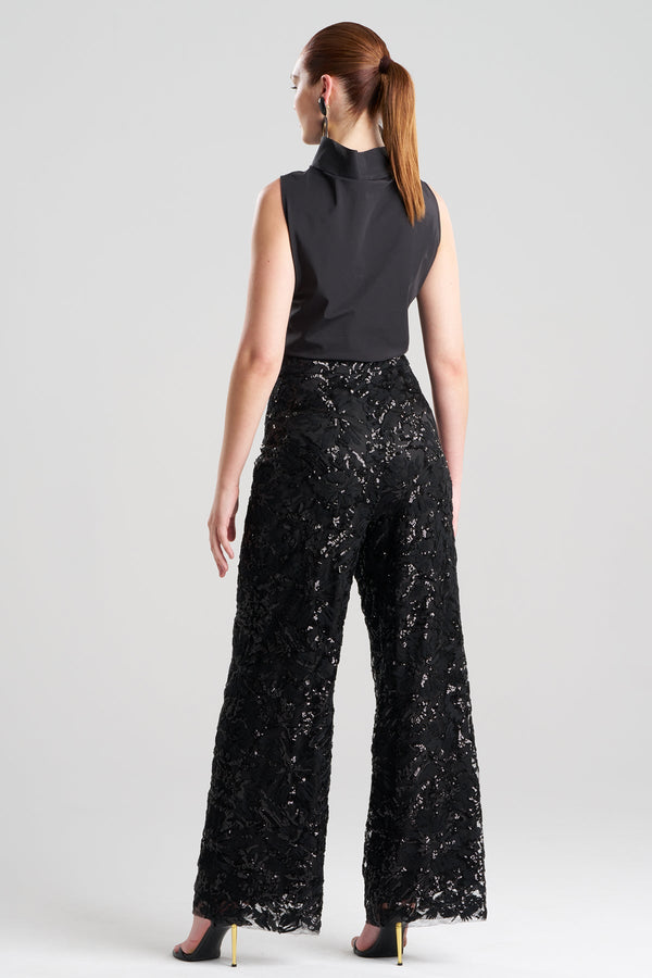 Natori Floral Sequin Lace Side Zip Straight Leg Pants Black