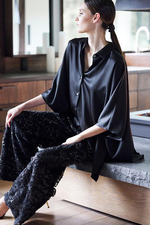 Natori Floral Sequin Lace Side Zip Straight Leg Pants Black