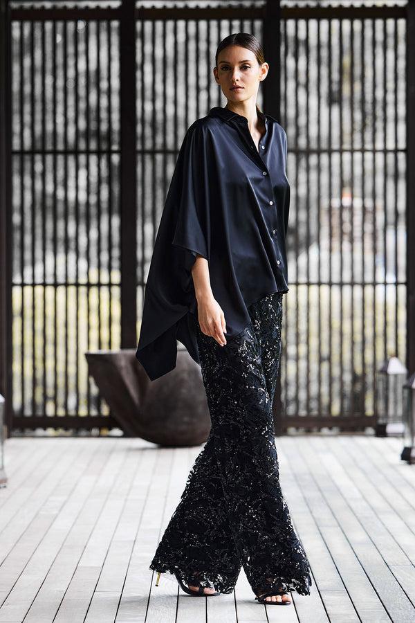 natori Floral Sequin Lace Side Zip Straight Leg Pants Black