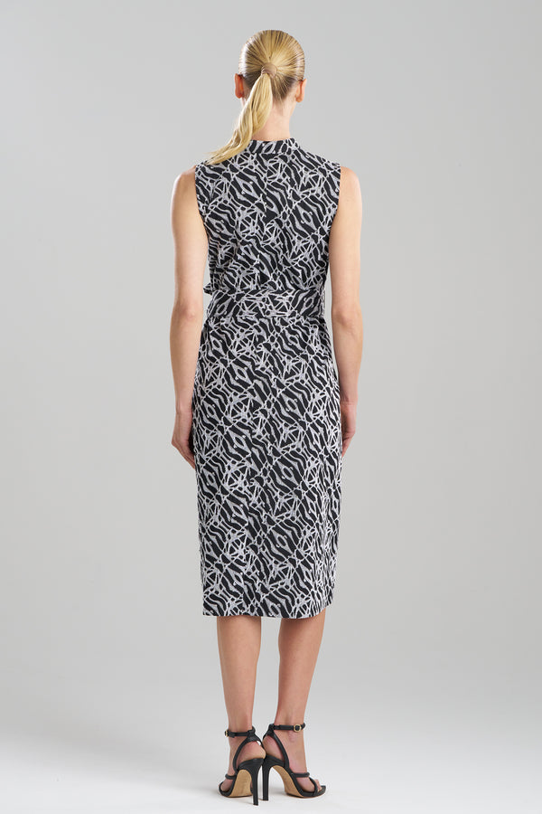 Natori Geo Embroidered Cotton Poplin Mandarin Dress Black/White