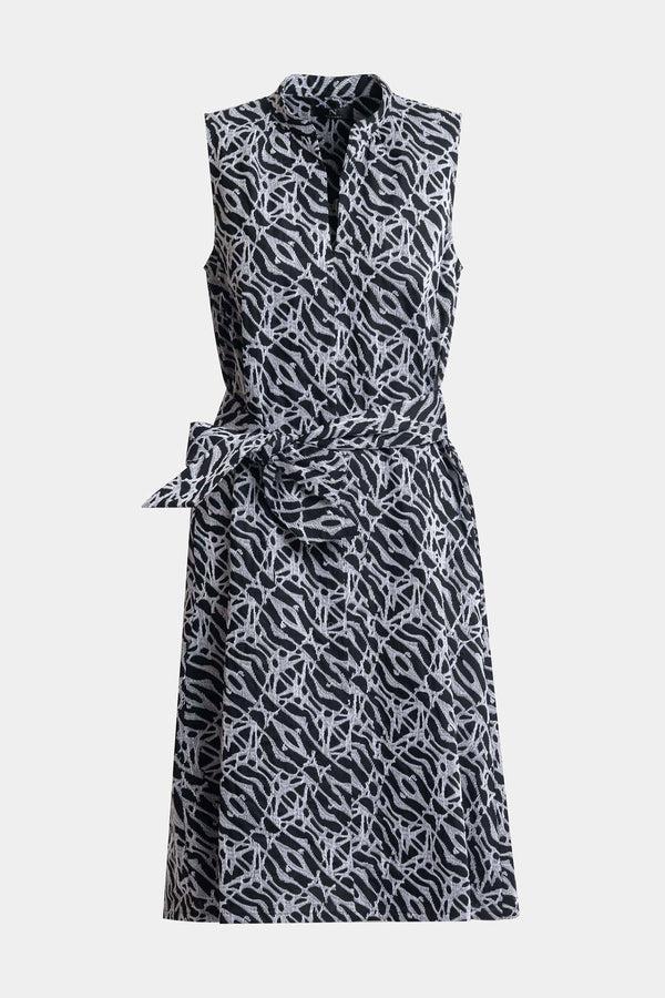 Natori Geo Embroidered Cotton Poplin Mandarin Dress Black/White