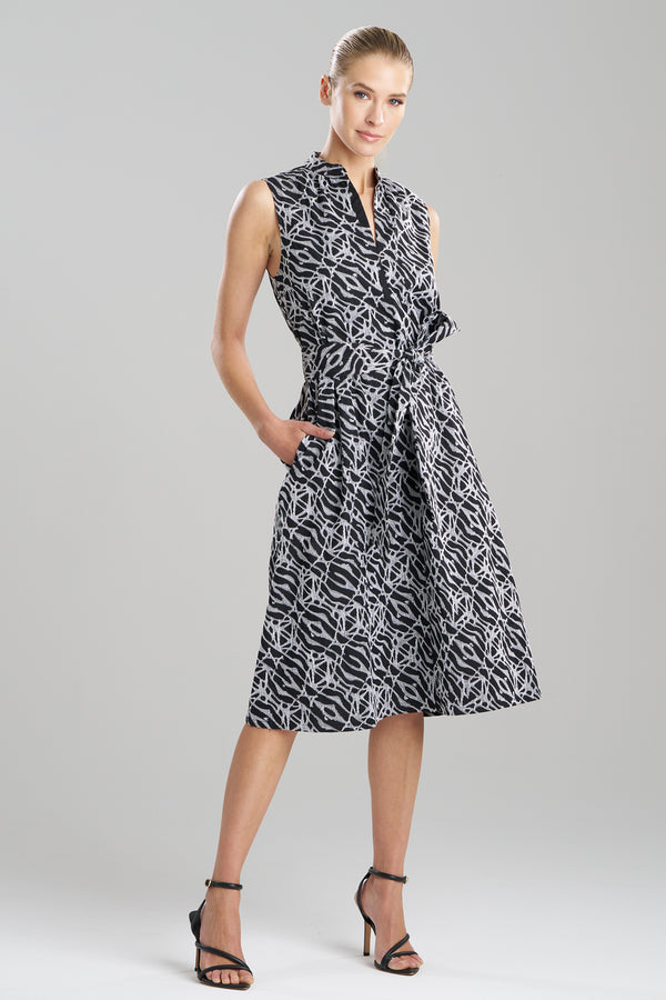 natori Geo Embroidered Cotton Poplin Mandarin Dress Black/White