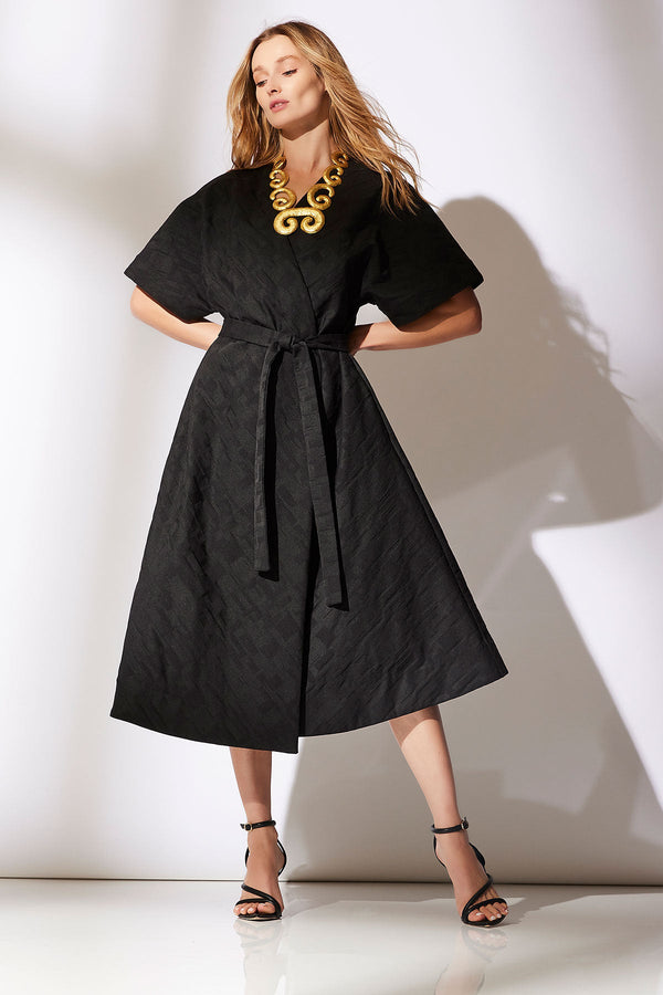 natori Geo Texture Jacquard Kimono Wrap Dress Black