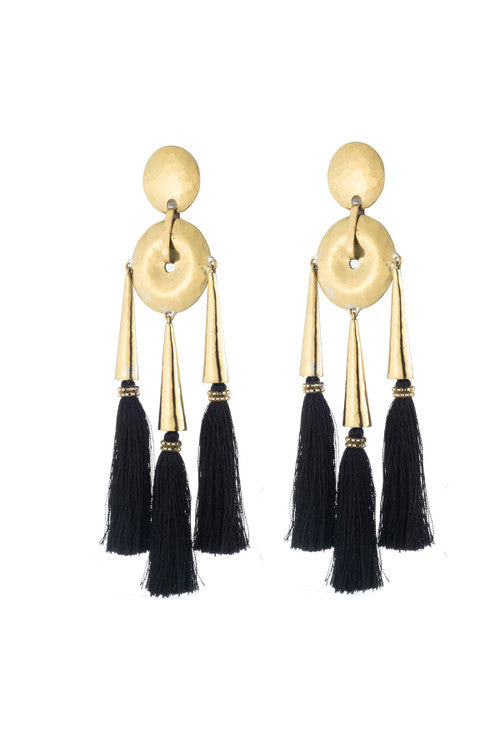 natori Gold Plated Brass Black Fringe Clip Earrings Gold