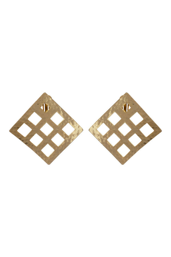 natori Gold Plated Brass Grid Pendant Clip Earrings Gold