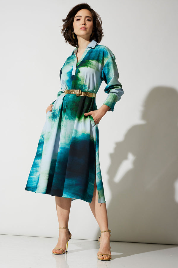 natori Hisui Cotton Chino Oversized Shirtdress Teal