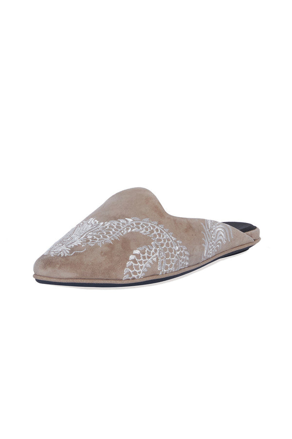 natori Image Suede Dragon Embroidery Slide Sandstone Suede