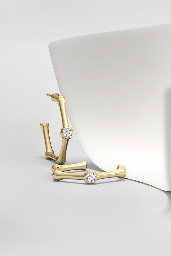 natori Indochine 14k Bamboo Hexagon Diamond Center Hoop Earrings 14K Yellow Gold