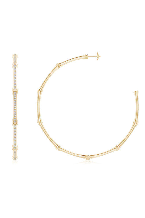 Natori Indochine 14k Pave Diamond 2.75 Inch Bamboo Hoops 14K Yellow Gold