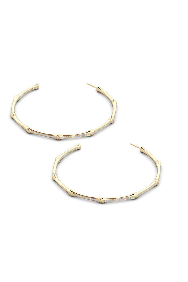 Natori Indochine 14k Pave Diamond 2.75 Inch Bamboo Hoops 14K Yellow Gold