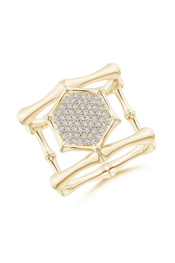 Natori Indochine 14k Pave Diamond Hexagon Center Double Bamboo Band Cocktail Ring 14K Yellow Gold
