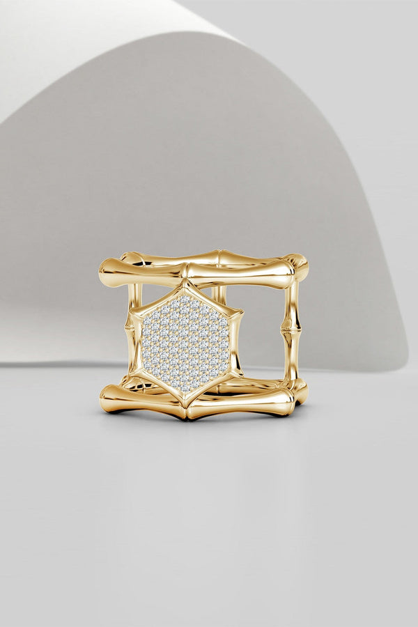 natori Indochine 14k Pave Diamond Hexagon Center Double Bamboo Band Cocktail Ring 14K Yellow Gold