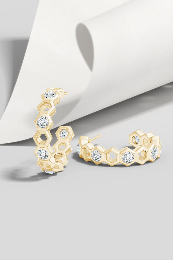 natori Indochine 14k Small Alternate Stacked Hexagon Diamond Hoop Earrings 14K Yellow Gold